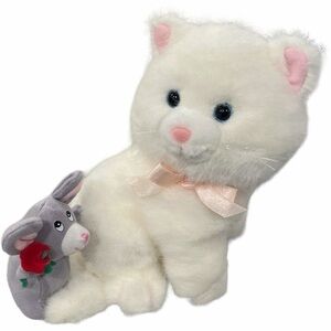 Vintage Russ Caress Soft Pets Cat and Mouse Plush White Blue Eyes Stuffed Animal